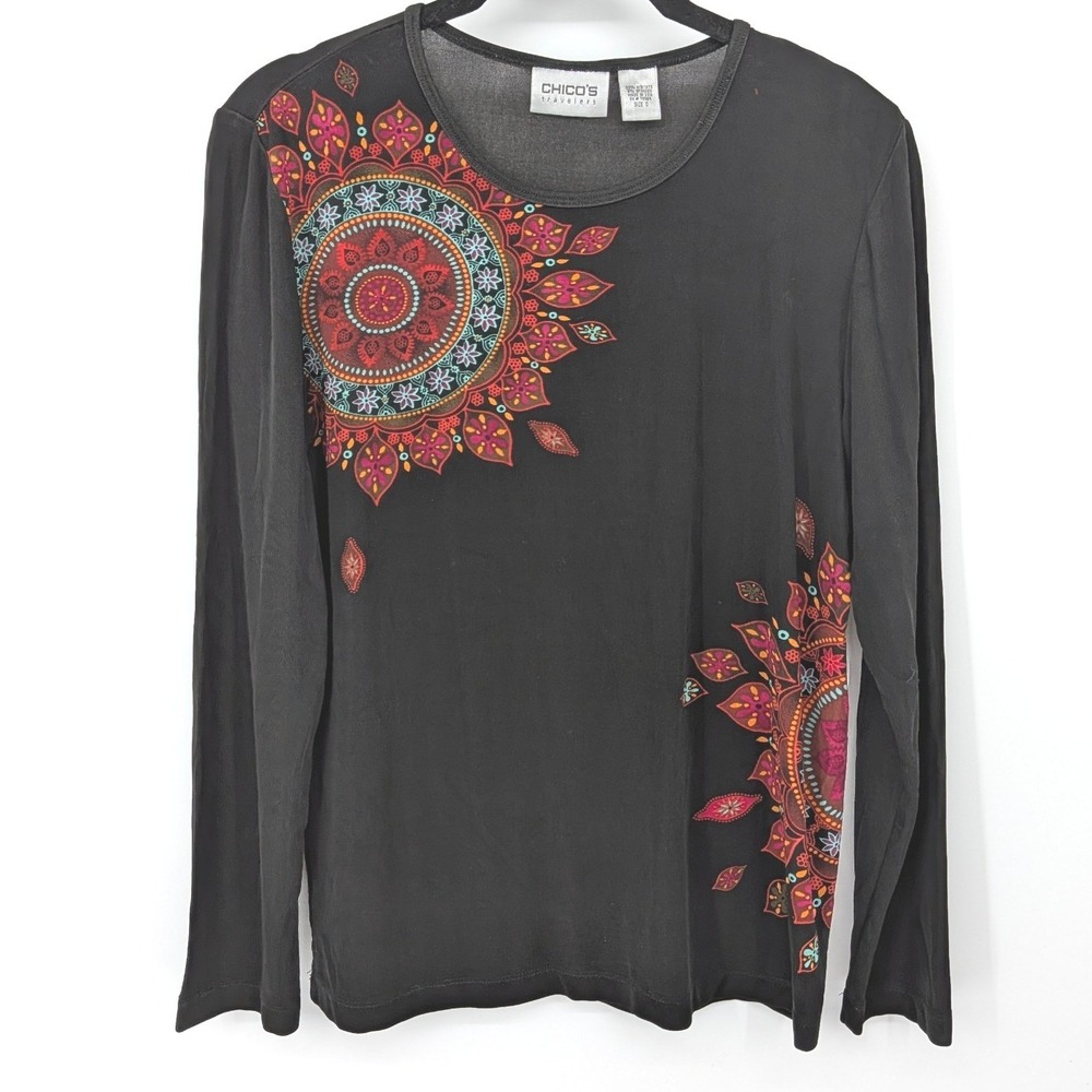 Chicos Travelers Top Women Small Black Mandala Long Sleeve Acetate Wrinkle Free